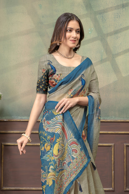 Peacock Floral Printed Linen Cotton Saree with Blue Borders for Women
