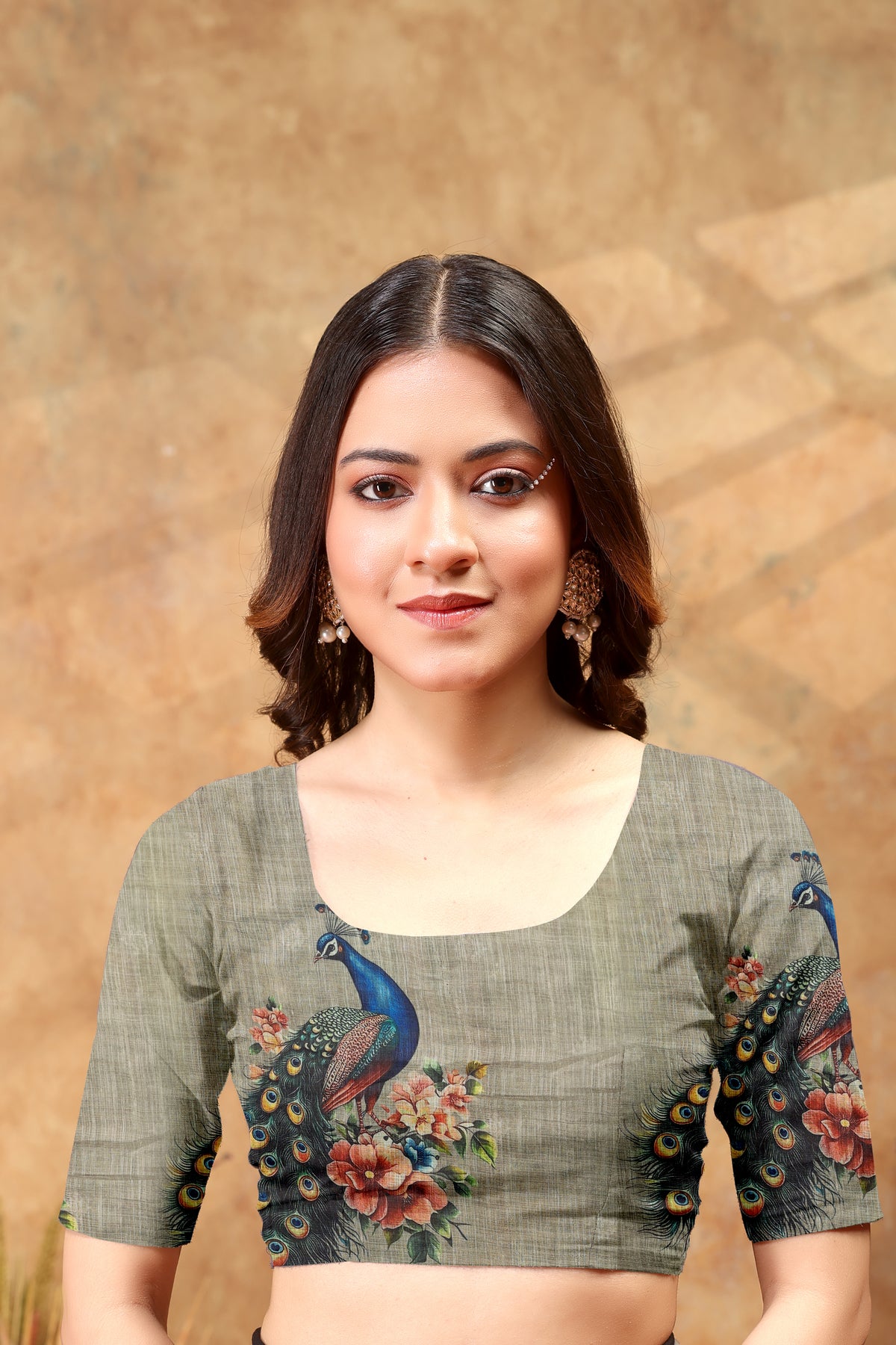 Peacock Floral Printed Linen Cotton Saree with Blue Borders for Women
