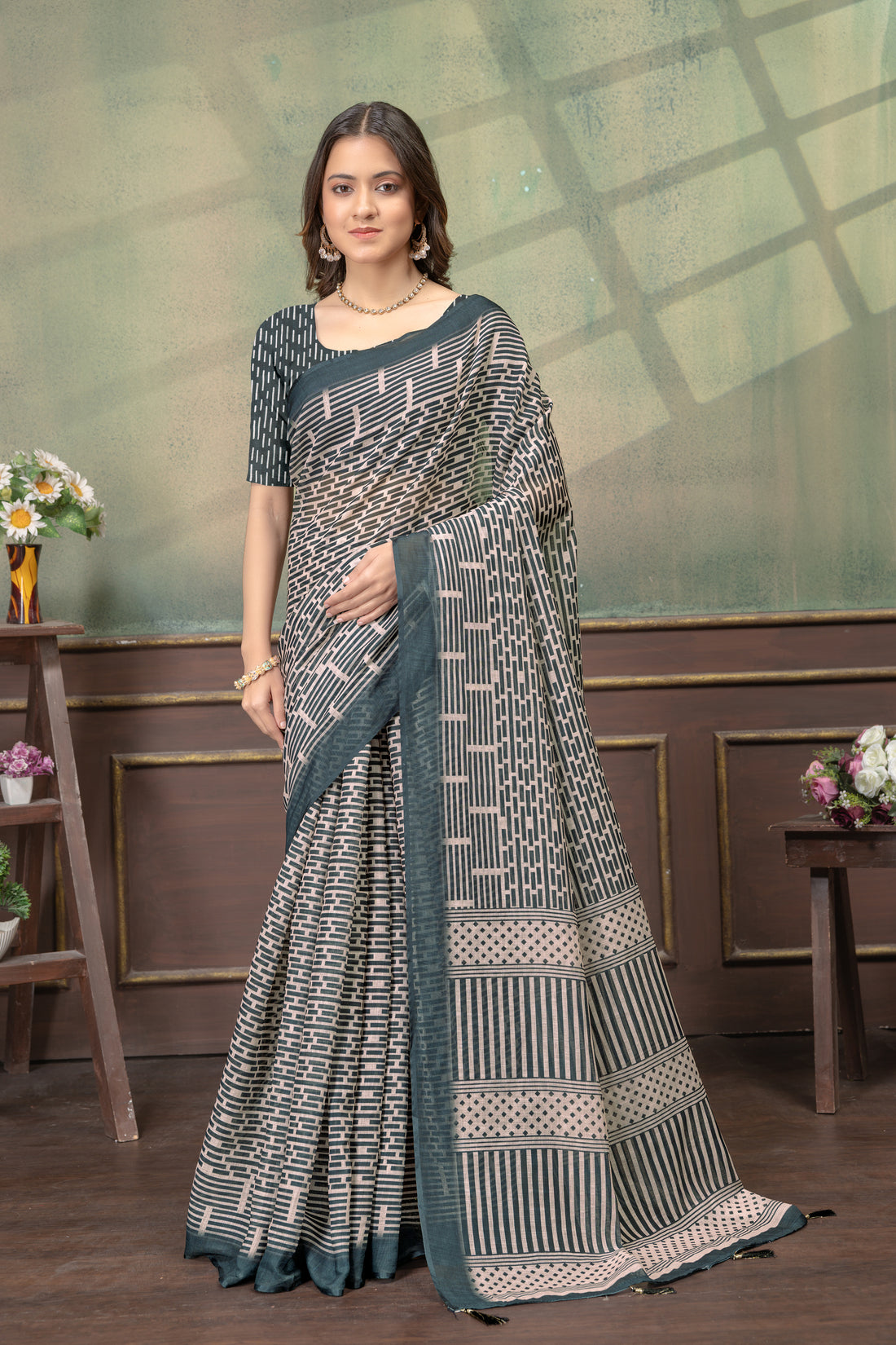 Beige Geometric Printed Linen Cotton Saree with Blue Border for Women