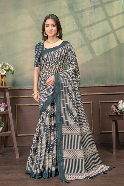 Beige Geometric Printed Linen Cotton Saree with Blue Border for Women