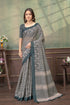 Beige Geometric Printed Linen Cotton Saree with Blue Border for Women