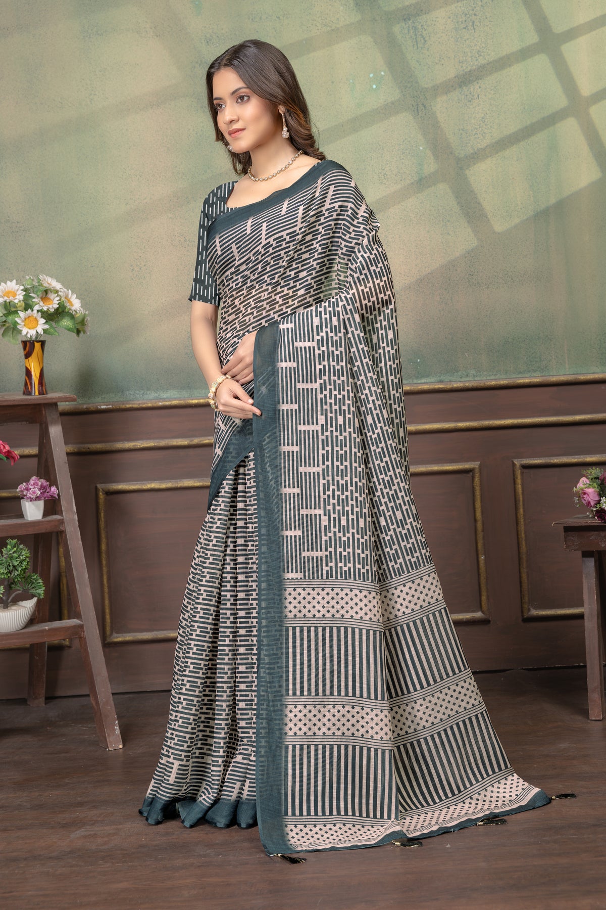 Beige Geometric Printed Linen Cotton Saree with Blue Border for Women