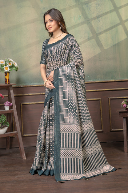 Beige Geometric Printed Linen Cotton Saree with Blue Border for Women