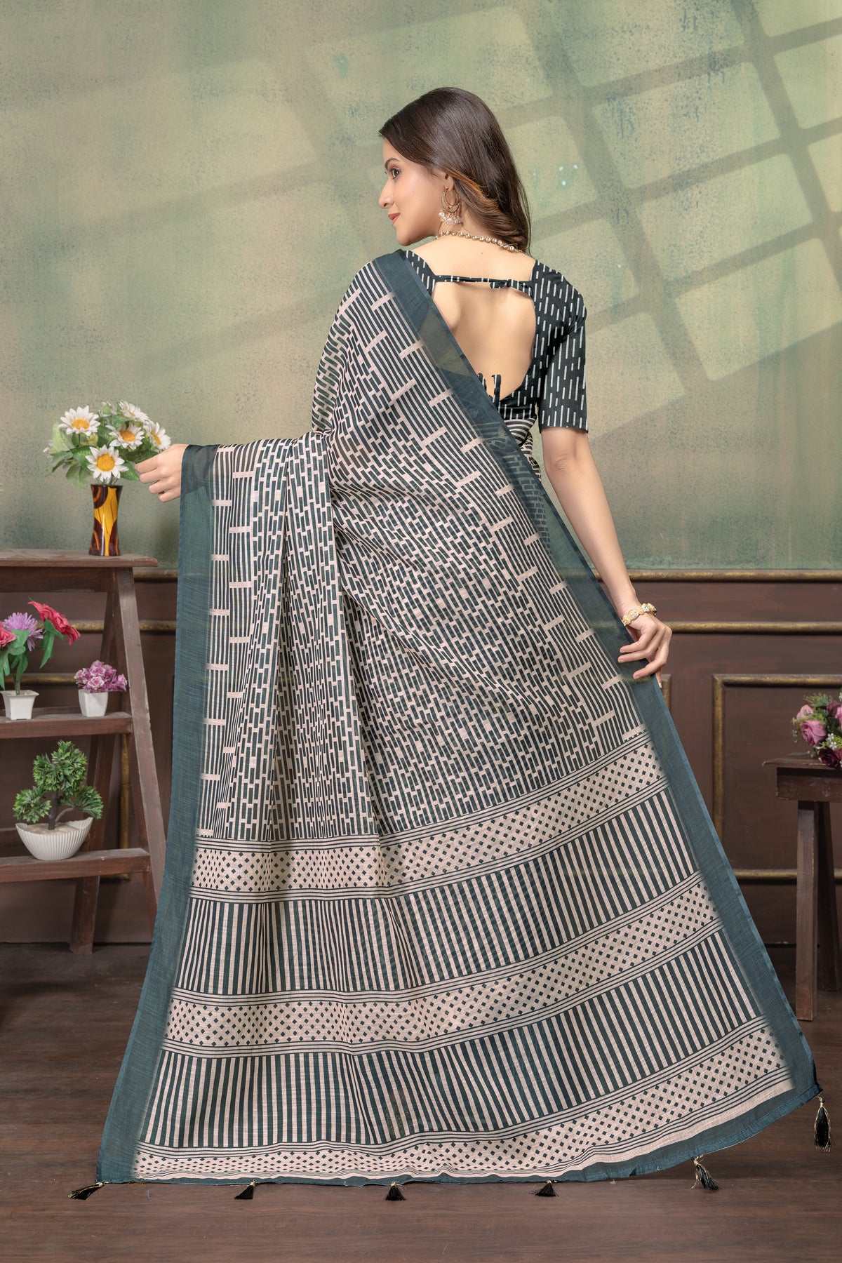 Beige Geometric Printed Linen Cotton Saree with Blue Border for Women