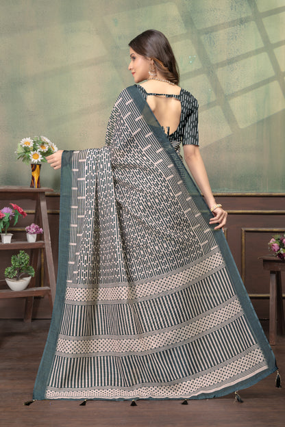 Beige Geometric Printed Linen Cotton Saree with Blue Border for Women