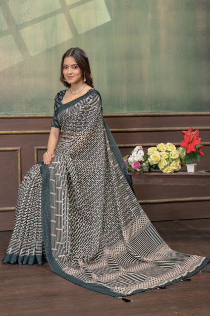 Beige Geometric Printed Linen Cotton Saree with Blue Border for Women