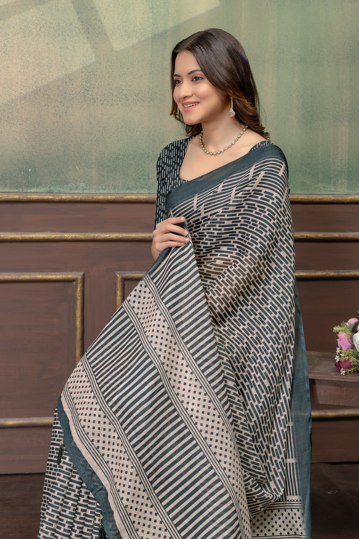 Beige Geometric Printed Linen Cotton Saree with Blue Border for Women