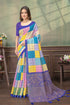 Multicolor Grid Print Linen Cotton Saree with Purple Border for Women