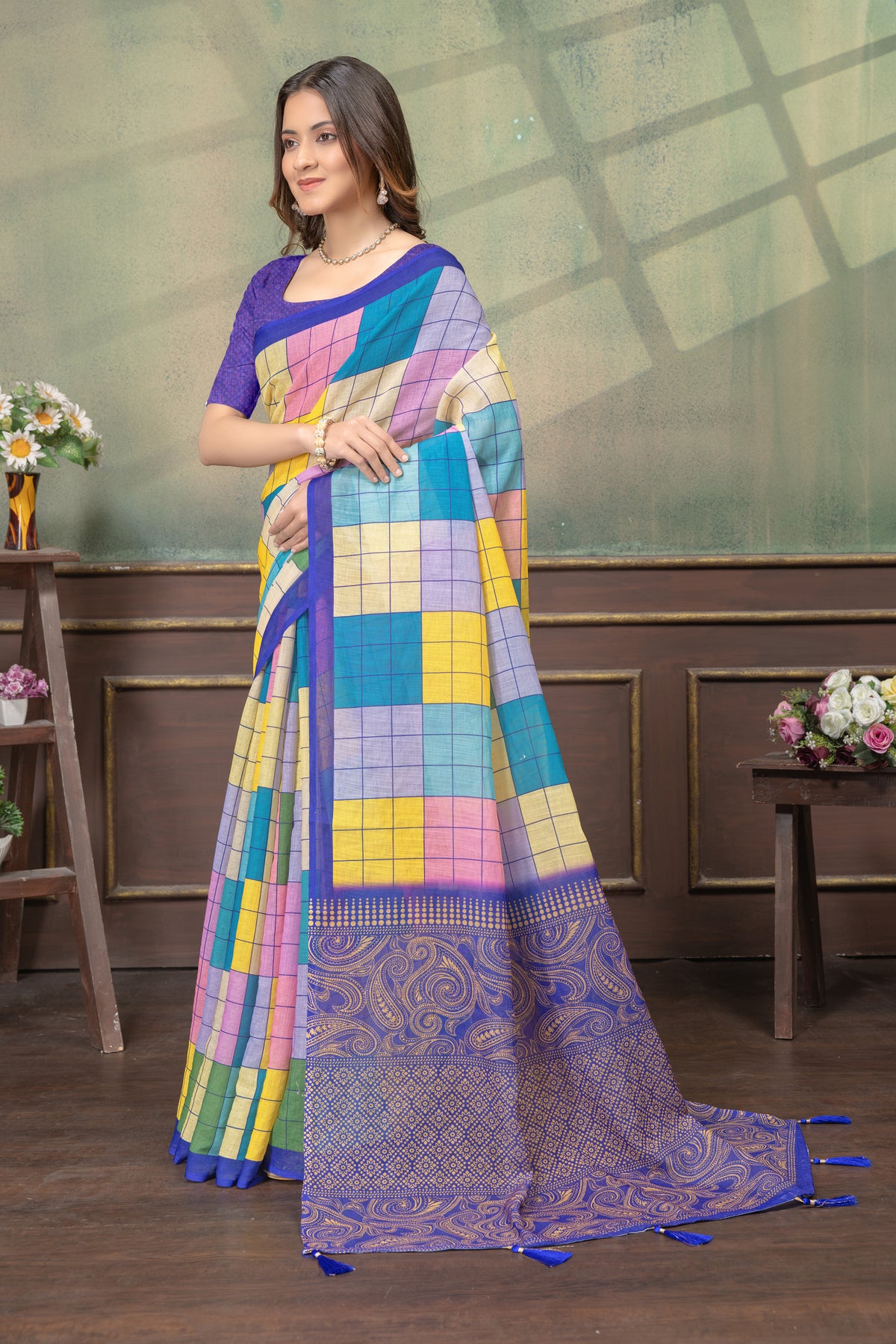 Multicolor Grid Print Linen Cotton Saree with Purple Border for Women