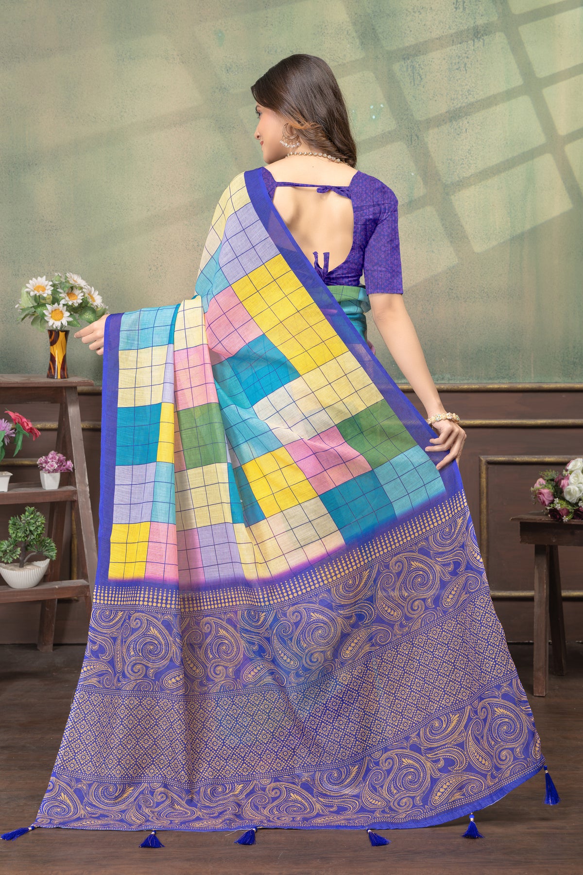 Multicolor Grid Print Linen Cotton Saree with Purple Border for Women