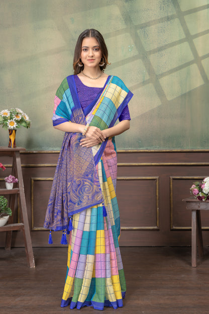 Multicolor Grid Print Linen Cotton Saree with Purple Border for Women