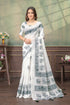 Ivory Linen Cotton Saree with Elephant Print Border Now for Women
