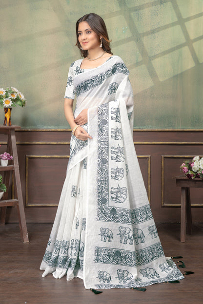 Ivory Linen Cotton Saree with Elephant Print Border Now for Women