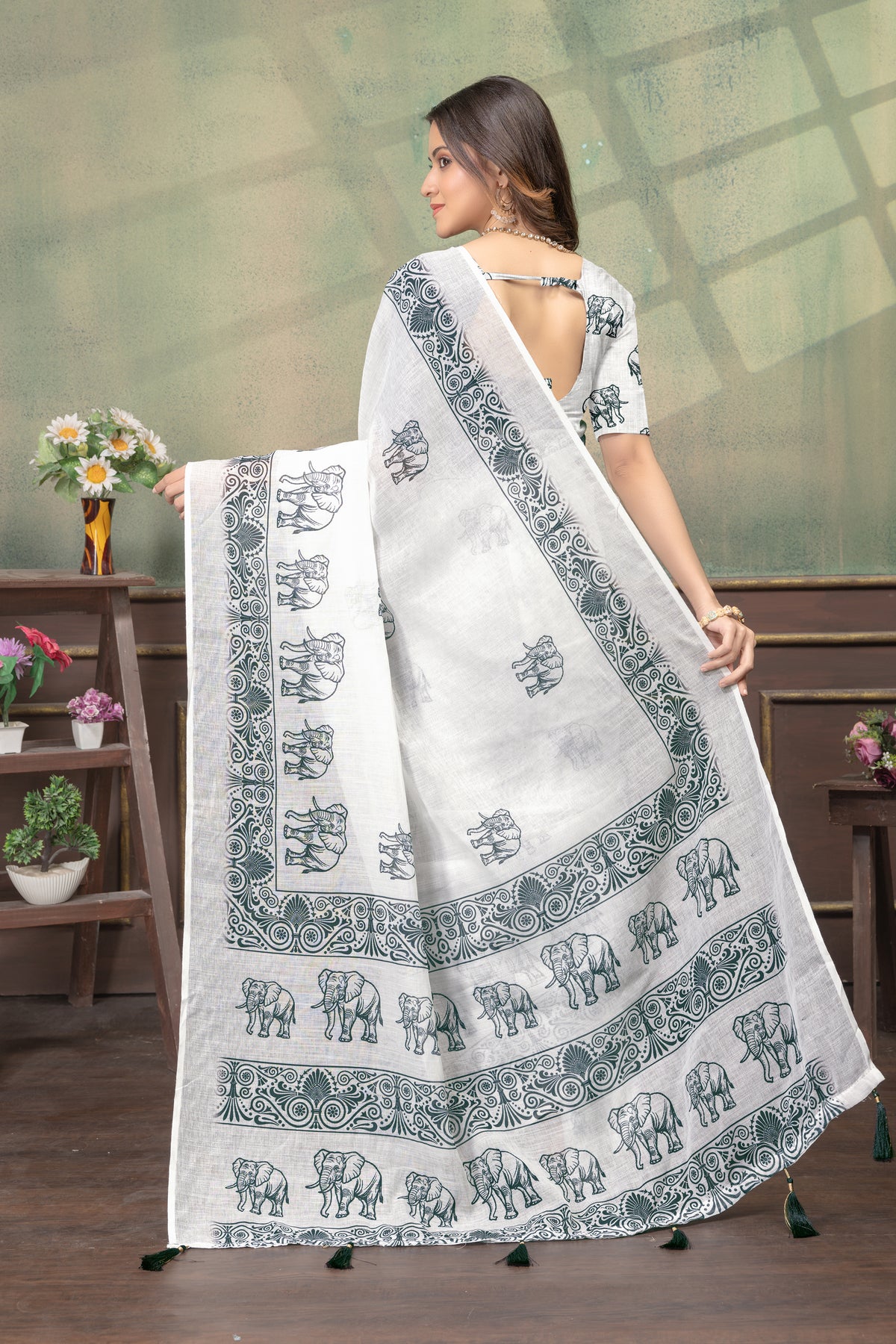 Ivory Linen Cotton Saree with Elephant Print Border Now for Women