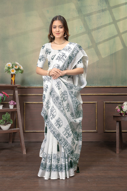 Ivory Linen Cotton Saree with Elephant Print Border Now for Women