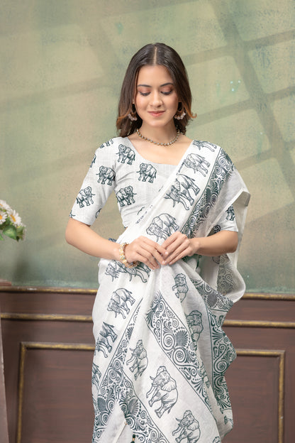 Ivory Linen Cotton Saree with Elephant Print Border Now for Women