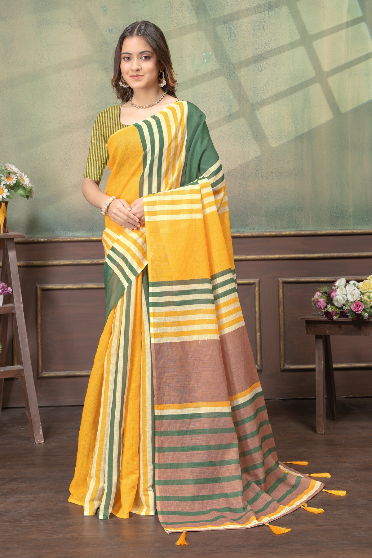 Mustard Green Cotton Saree with Striped Contrast Border for Women