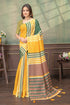 Mustard Green Cotton Saree with Striped Contrast Border for Women