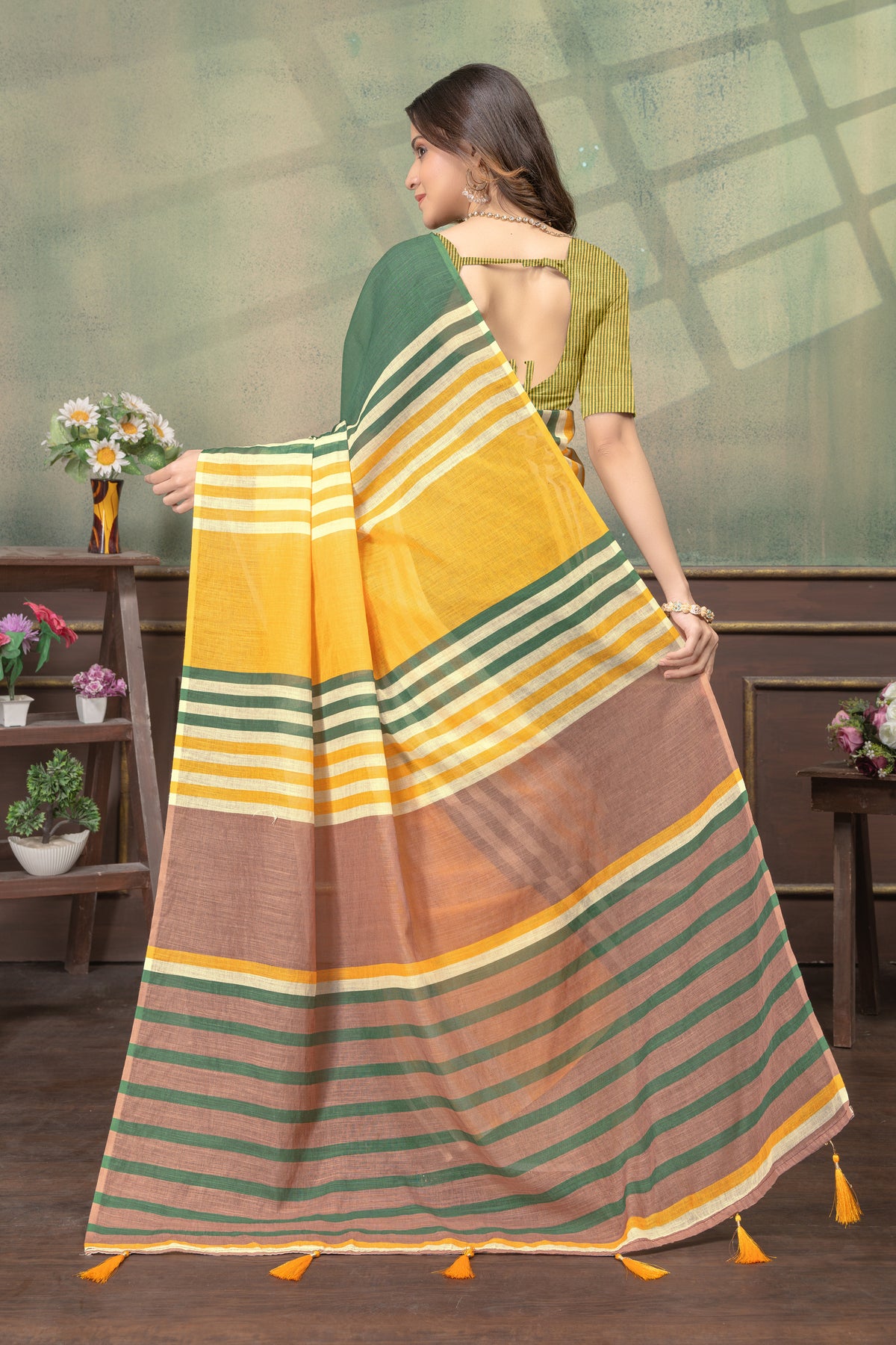 Mustard Green Cotton Saree with Striped Contrast Border for Women