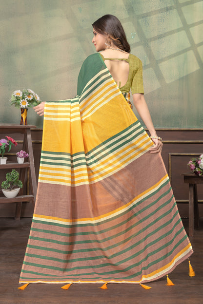 Mustard Green Cotton Saree with Striped Contrast Border for Women