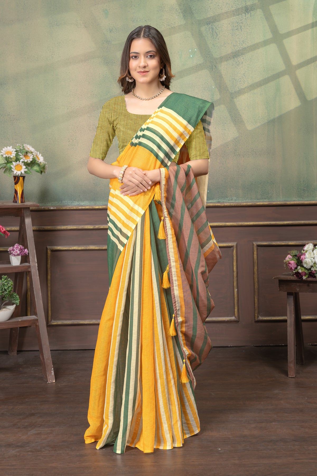 Mustard Green Cotton Saree with Striped Contrast Border for Women
