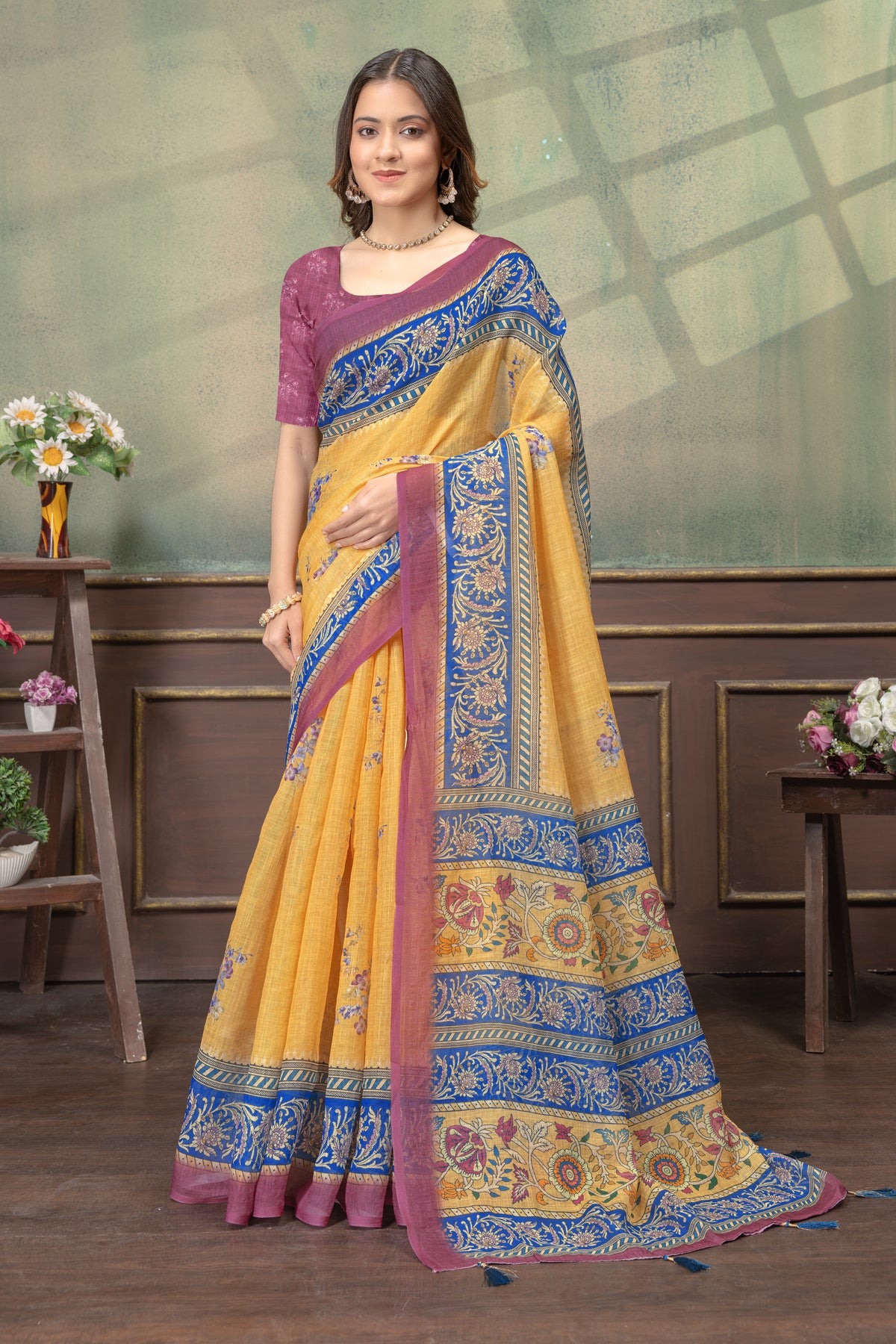 Mustard Yellow Linen Cotton Saree with Green Stripe Borders for Women