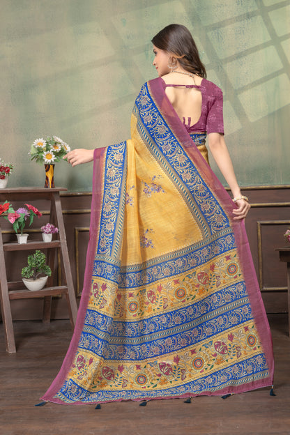 Mustard Yellow Linen Cotton Saree with Green Stripe Borders for Women