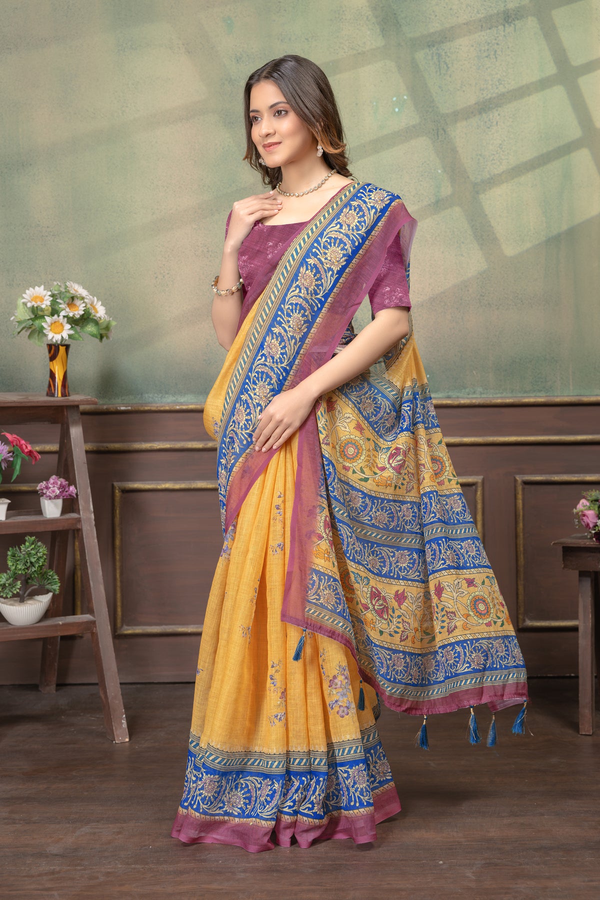 Mustard Yellow Linen Cotton Saree with Green Stripe Borders for Women
