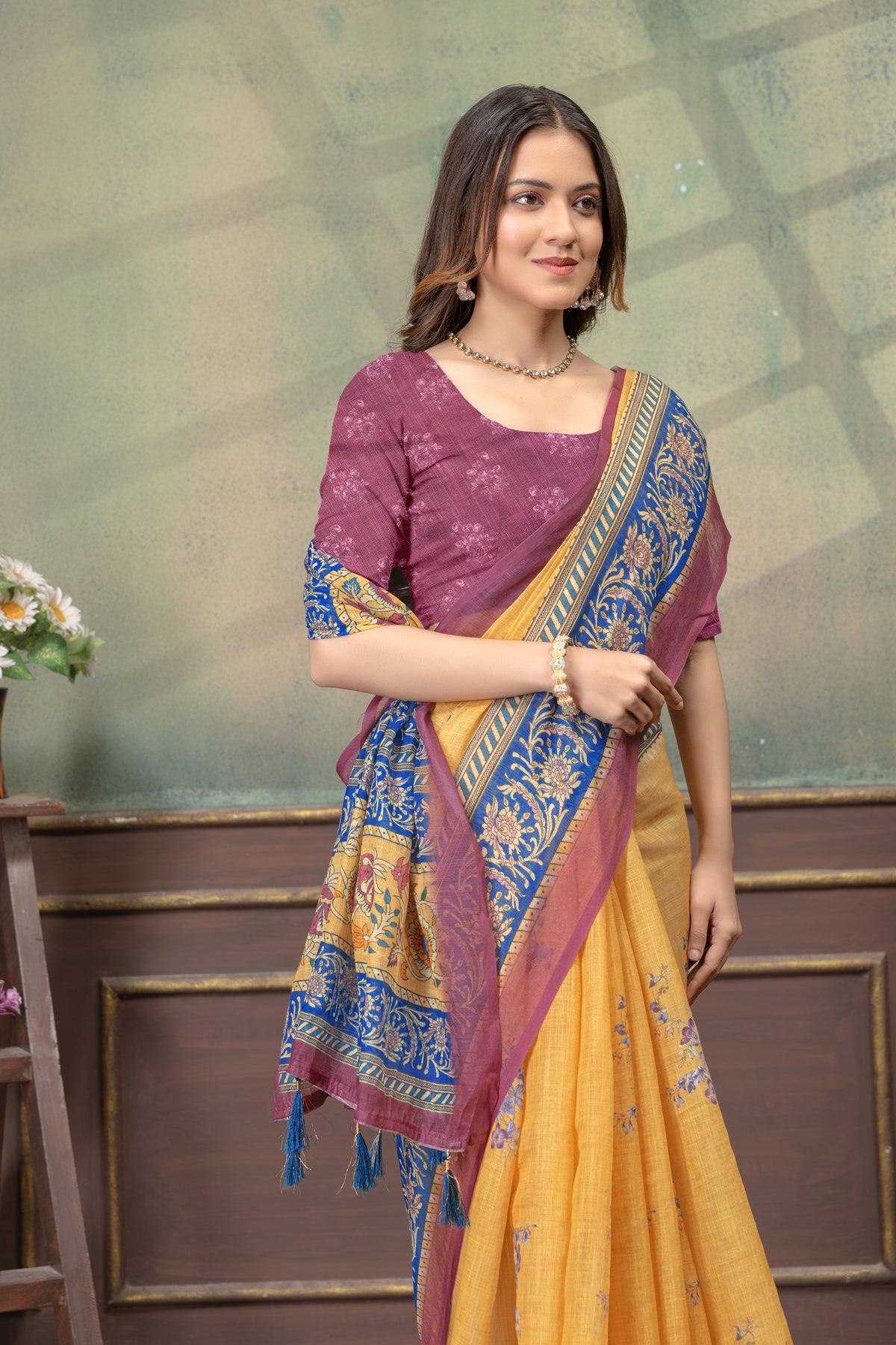 Mustard Yellow Linen Cotton Saree with Green Stripe Borders for Women