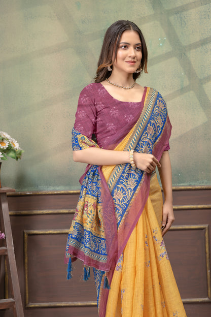 Mustard Yellow Linen Cotton Saree with Green Stripe Borders for Women