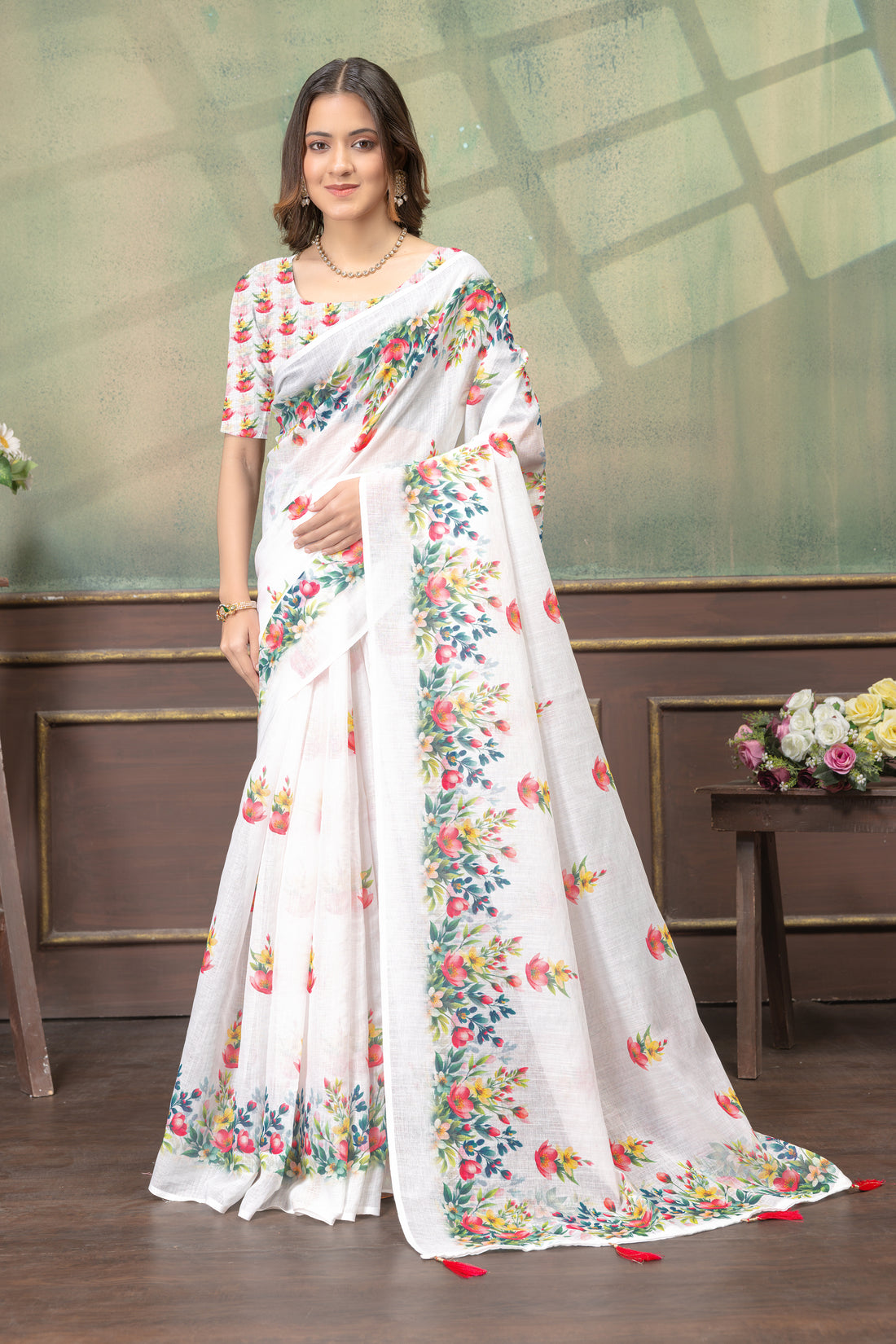 Ivory Floral Print Linen Cotton Saree with Green Border for Women