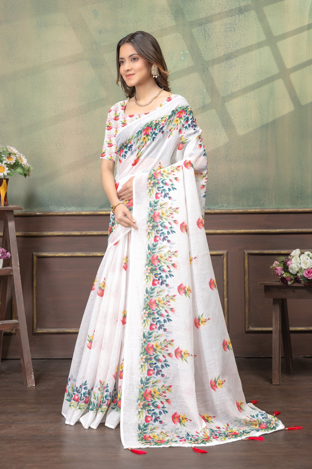 Ivory Floral Print Linen Cotton Saree with Green Border for Women