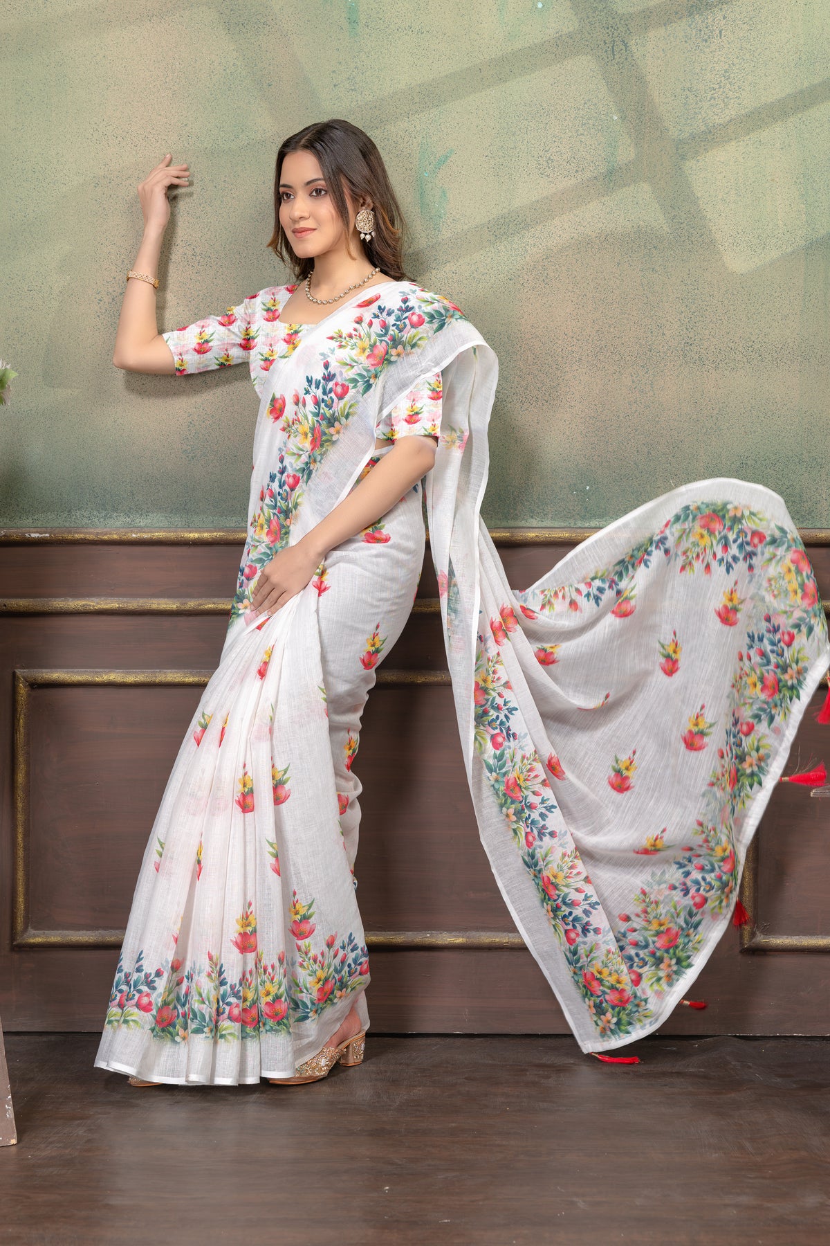 Ivory Floral Print Linen Cotton Saree with Green Border for Women