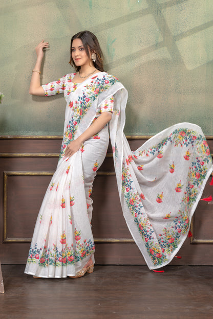 Ivory Floral Print Linen Cotton Saree with Green Border for Women