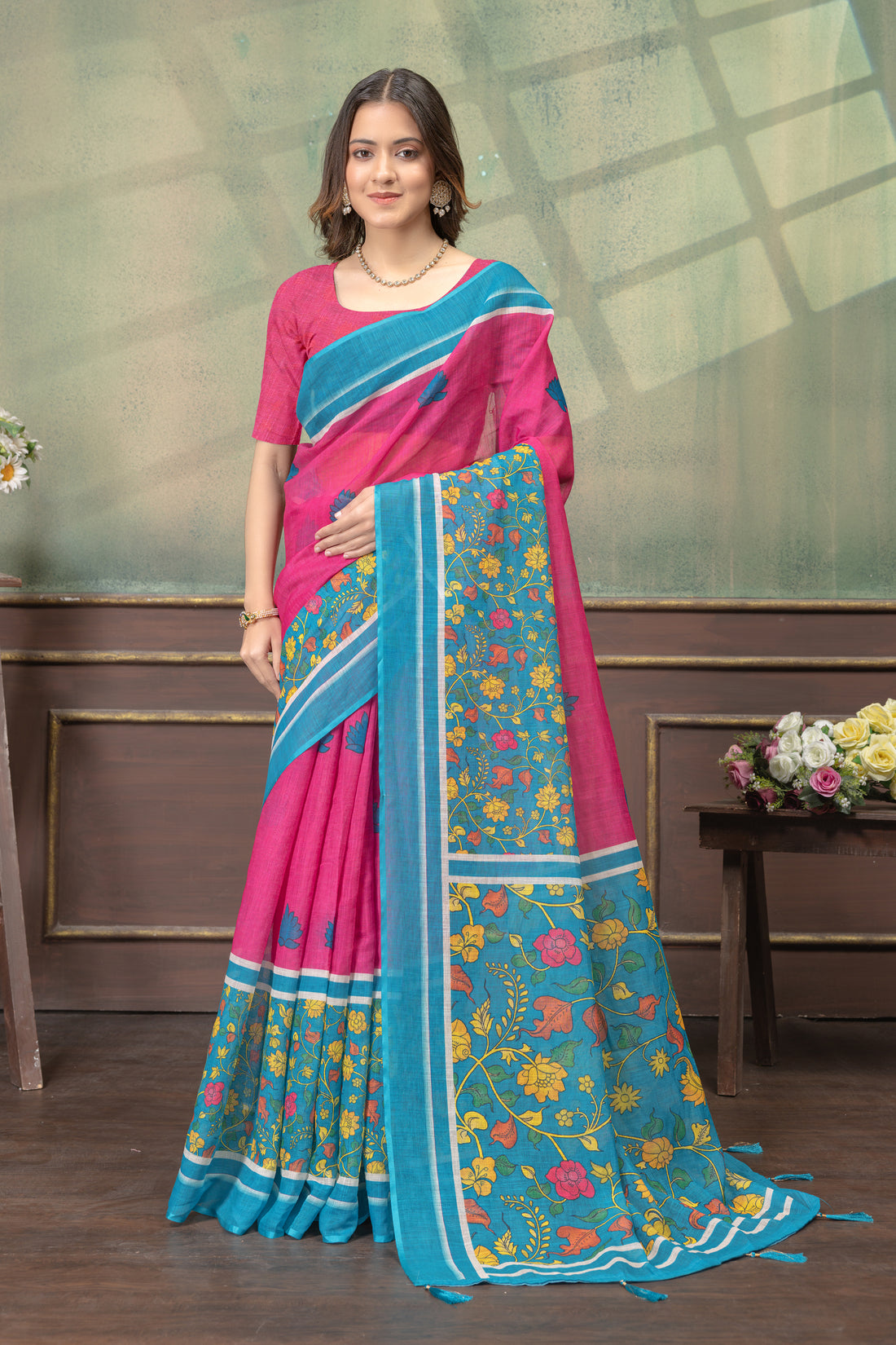 Floral Linen Cotton Saree in Pink Blue with Printed Borders for Women