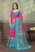 Floral Linen Cotton Saree in Pink Blue with Printed Borders for Women