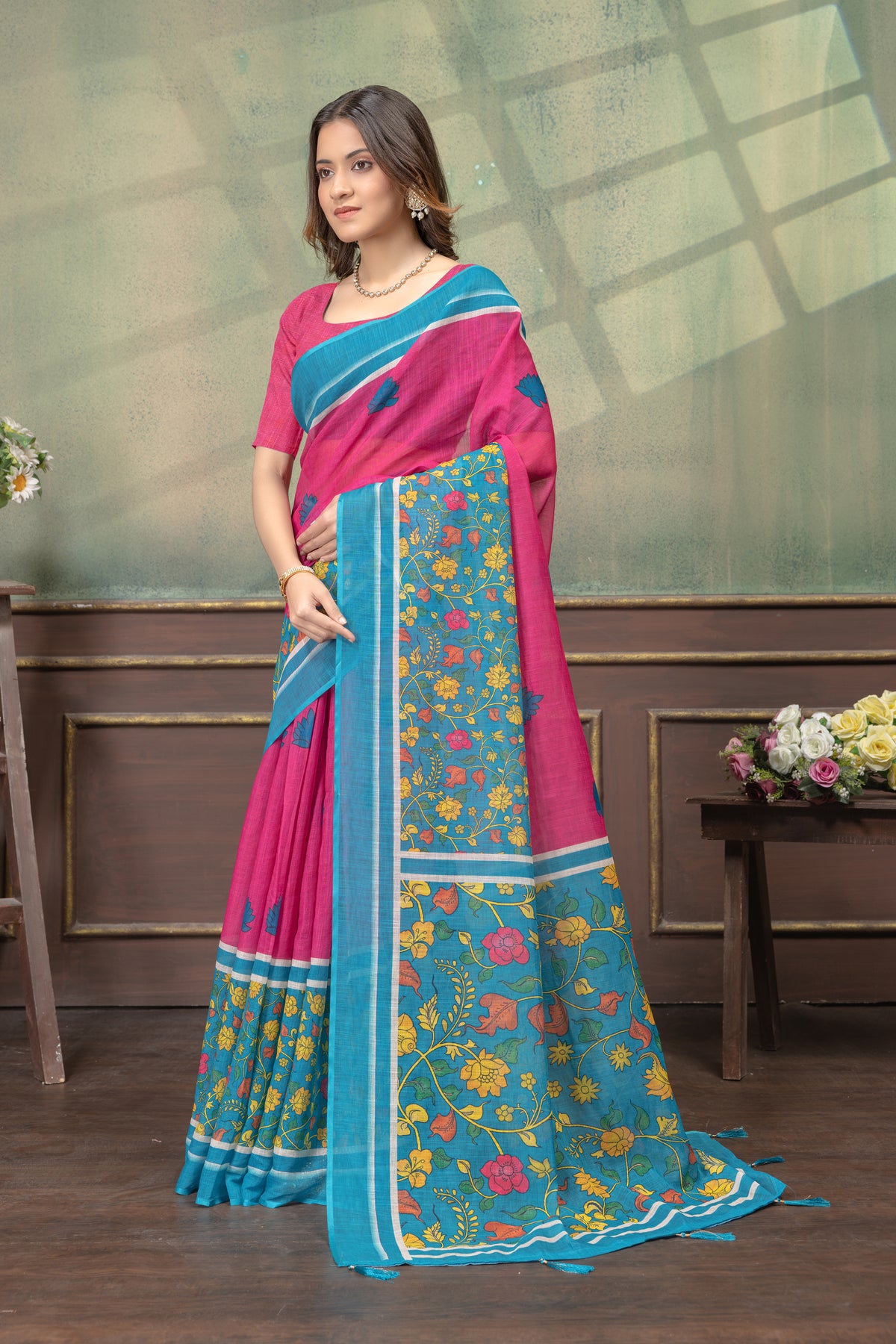 Floral Linen Cotton Saree in Pink Blue with Printed Borders for Women