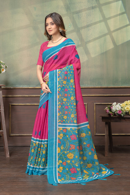Floral Linen Cotton Saree in Pink Blue with Printed Borders for Women