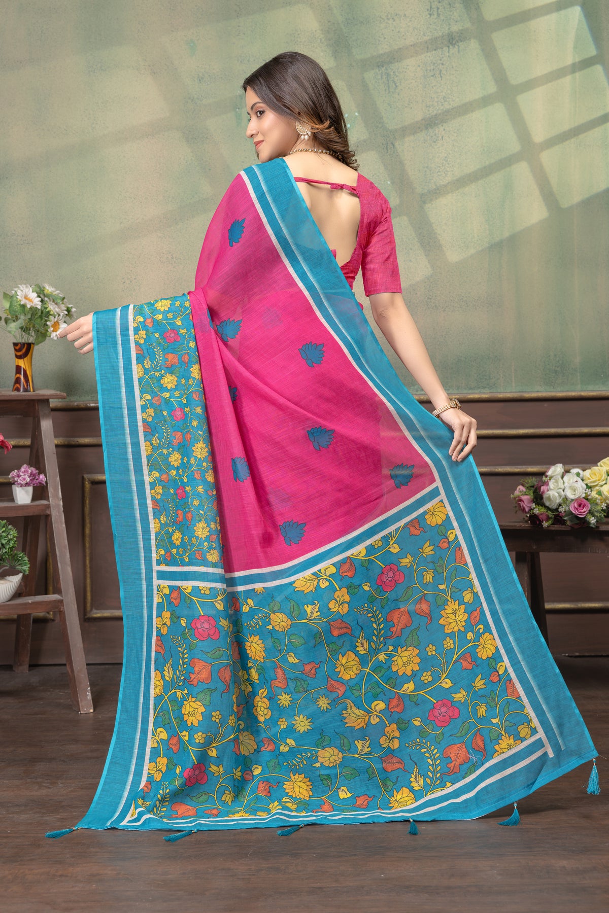 Floral Linen Cotton Saree in Pink Blue with Printed Borders for Women