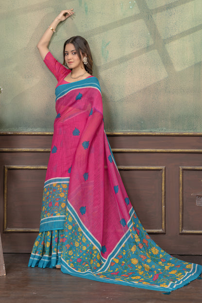 Floral Linen Cotton Saree in Pink Blue with Printed Borders for Women