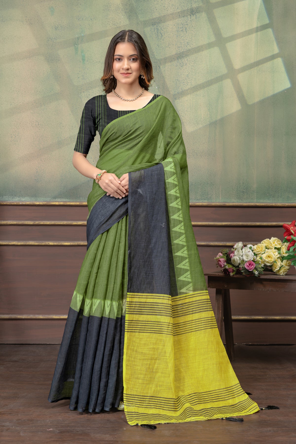 Olive Green Linen Cotton Saree with Black Yellow Pallu for Women