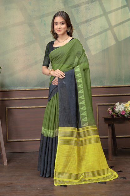 Olive Green Linen Cotton Saree with Black Yellow Pallu for Women