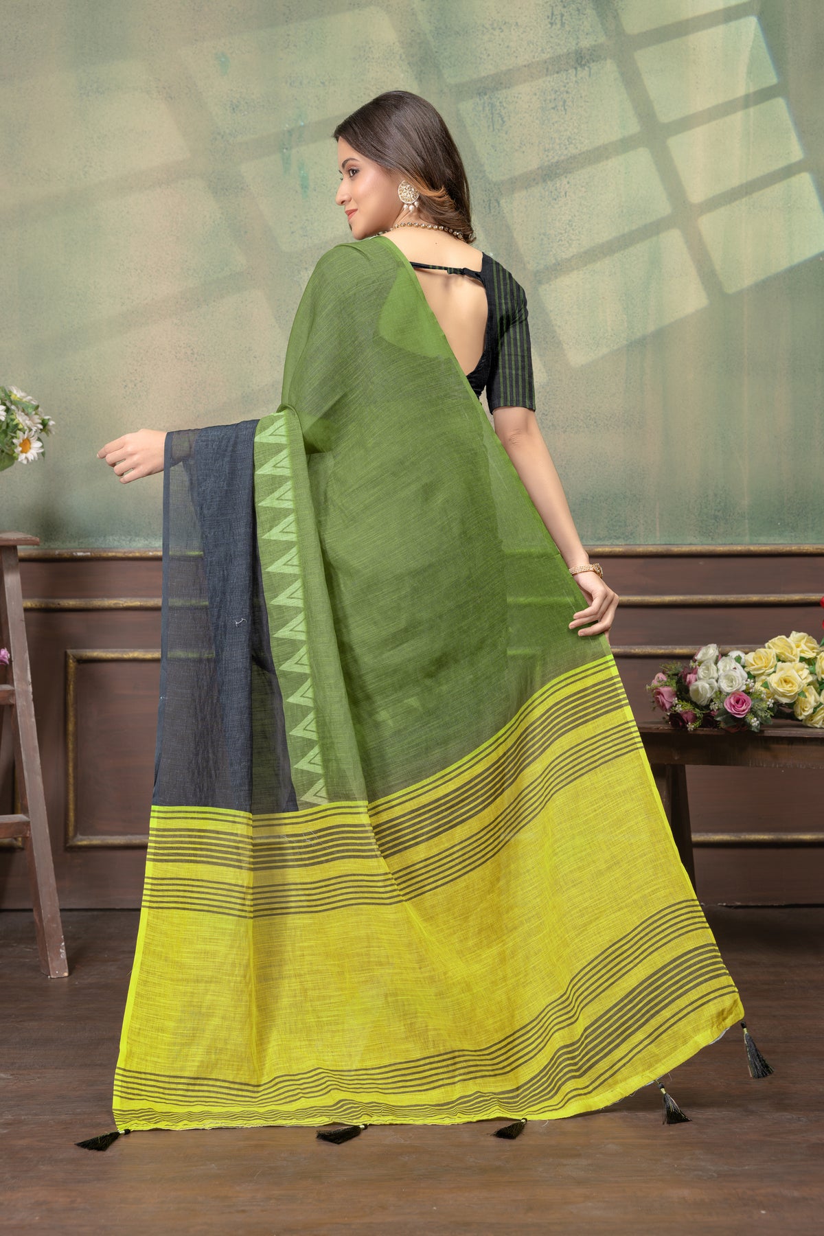 Olive Green Linen Cotton Saree with Black Yellow Pallu for Women