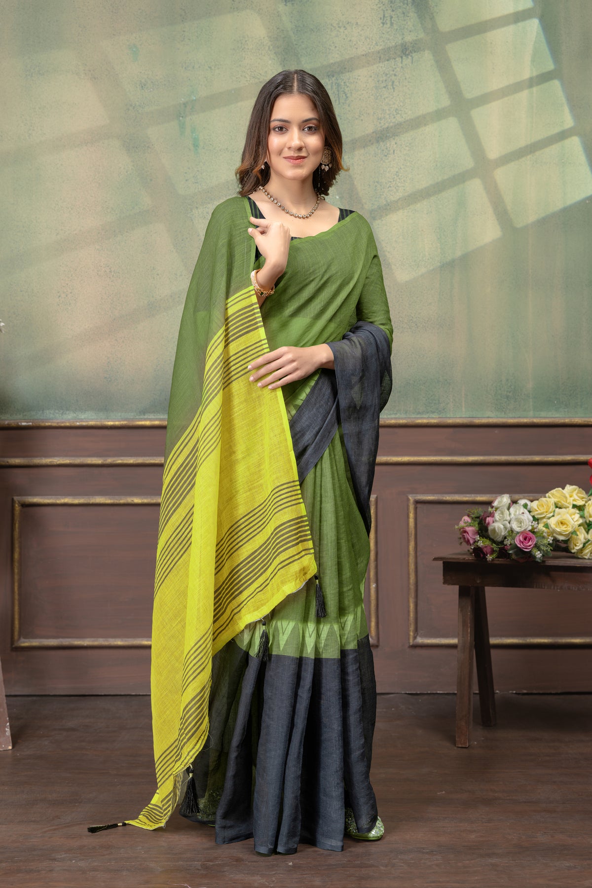 Olive Green Linen Cotton Saree with Black Yellow Pallu for Women