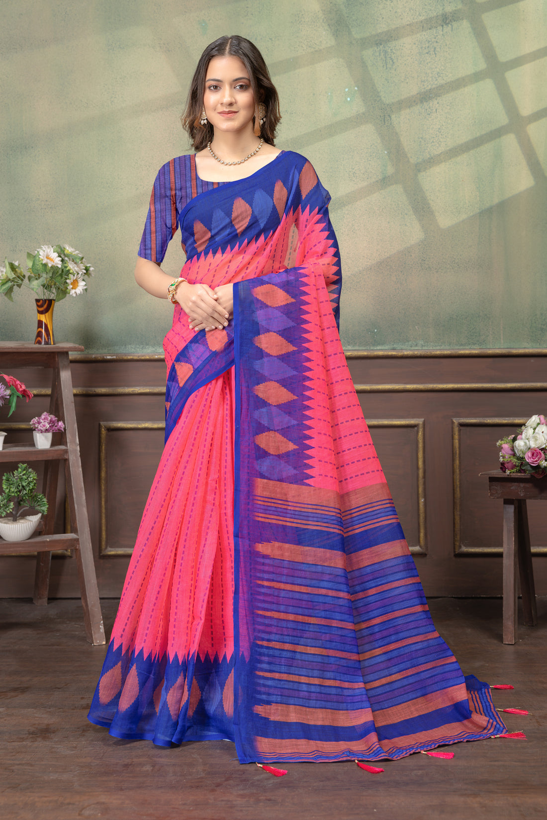 Olive Green Linen Cotton Saree with Black Yellow Border for Women