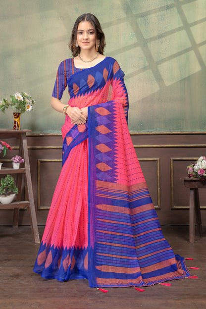 Olive Green Linen Cotton Saree with Black Yellow Border for Women