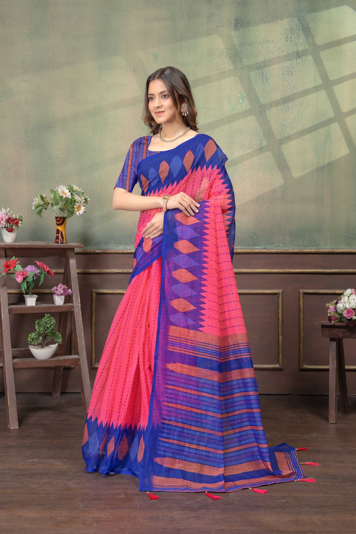 Olive Green Linen Cotton Saree with Black Yellow Border for Women