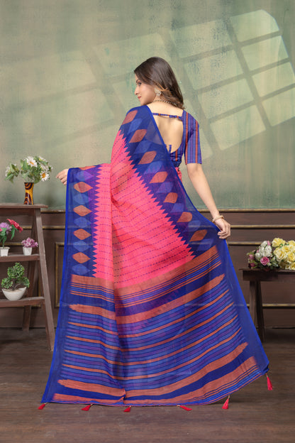 Olive Green Linen Cotton Saree with Black Yellow Border for Women