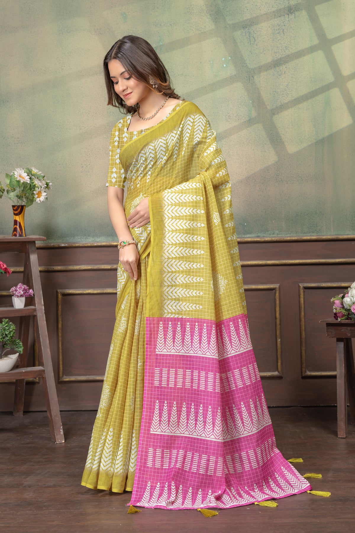 Mustard Satin Saree with Printed Pink Pallu &amp; Blouse for Women