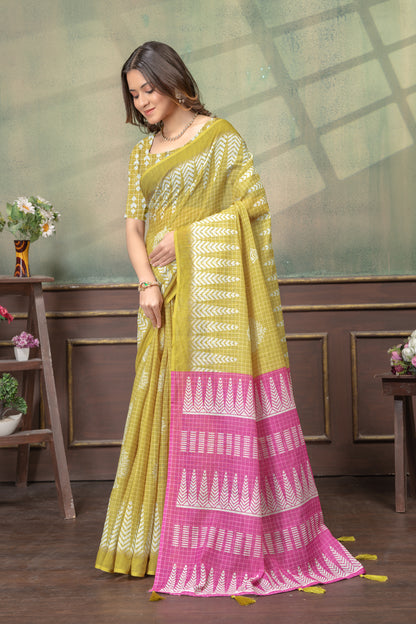 Mustard Satin Saree with Printed Pink Pallu &amp; Blouse for Women